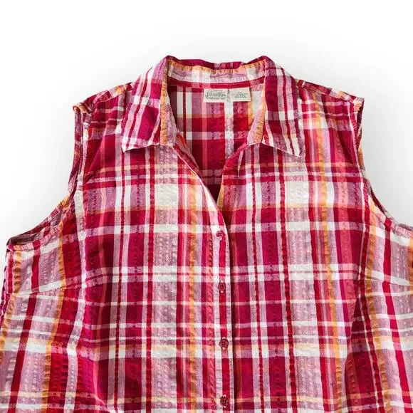 Y2K St Johns Bay Red Orange White Plaid Sleeveless Button Down Top Cotton 2X - Picture 3 of 8